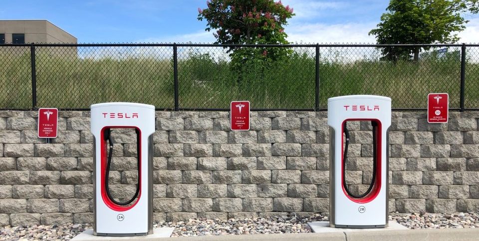 Electric charging stations by Tesla. Soon the freight industry will transform to low carbon transport.