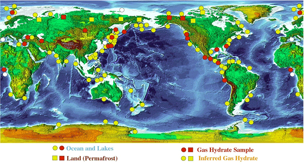The distribution of ocean methane hydrates.
