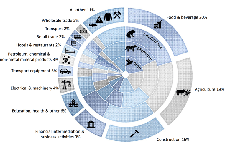A pie chart showing species extinction risks based on consumption sectors. Understanding is crucial for bridging business and nature.